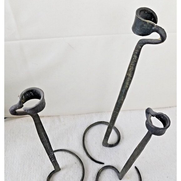 blackened brass candle hand hewn holders rustic hammered patina set 15" 13" 11" - Picture 5 of 9